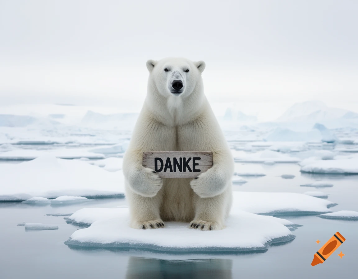 A photorealistic polar bear sits on a small ice floe in the arctic, holding a wooden sign with the word 'DANKE' on it.