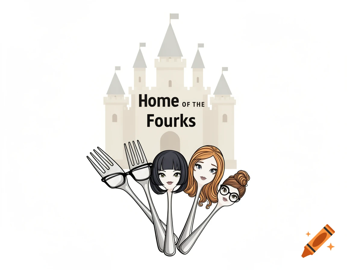 Minimalist cartoon logo with a castle and four forks styled as women's faces, text reads Home OF THE Fourks.