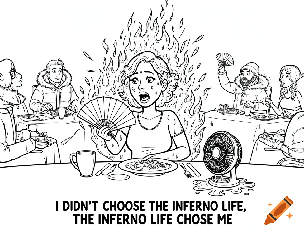 Cartoon line art of a woman in flames at a dinner table with others in winter coats. Text: I DIDN'T CHOOSE THE INFERNO LIFE, THE INFERNO LIFE CHOSE ME.
