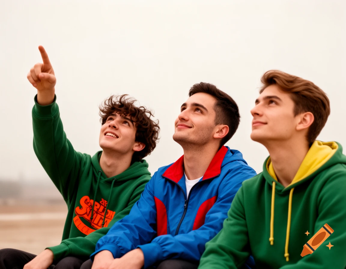 Three smiling young men in hoodies sitting outdoors, looking up. One on the left points skyward. Photorealistic.