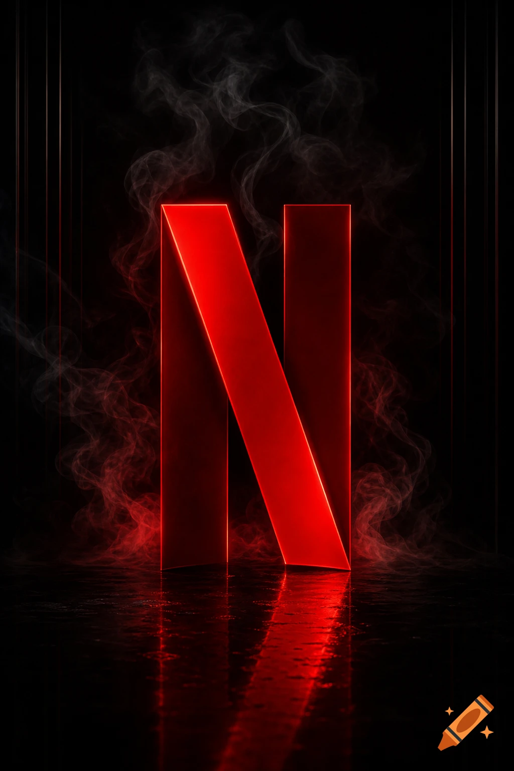 A large, glowing red letter 'N' logo stands on a reflective dark surface, enveloped by red and white smoke.