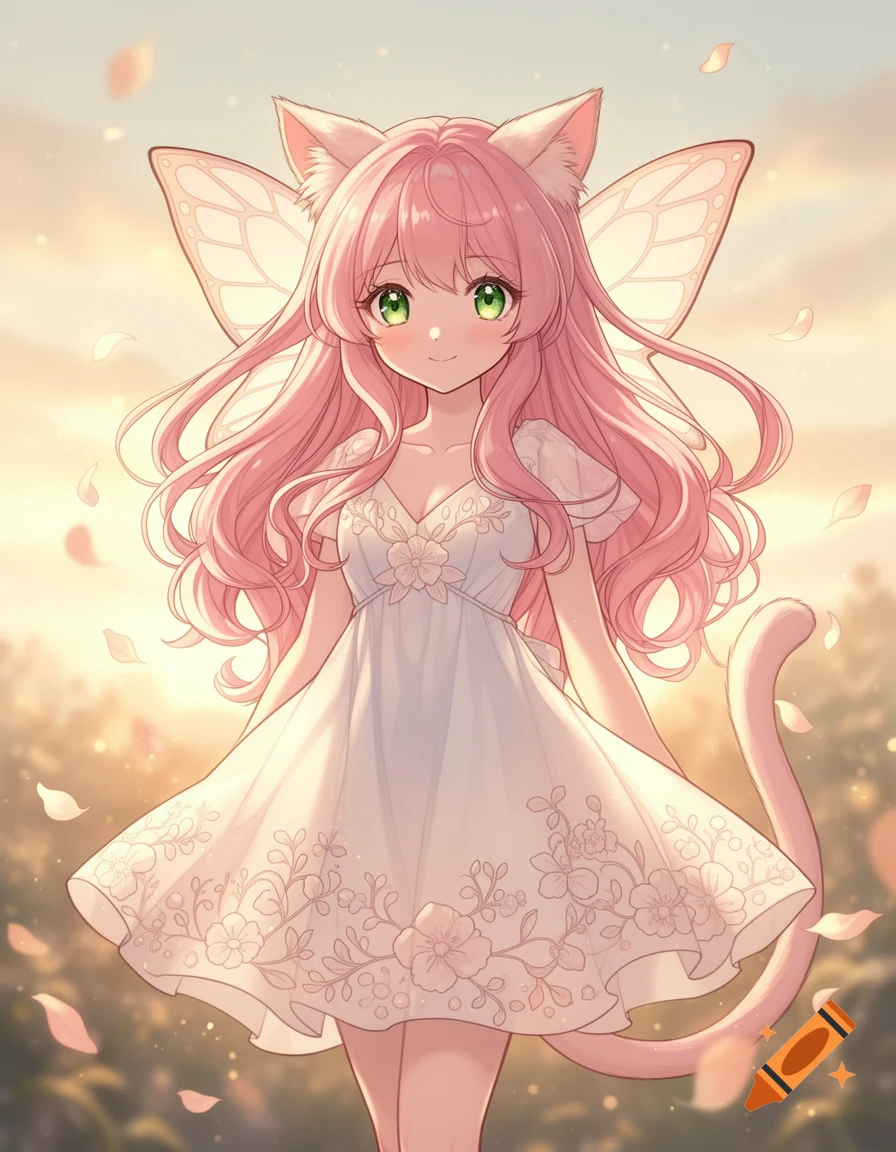 Anime cat girl with pink hair, green eyes, butterfly wings, and a tail, wearing a white floral dress in a soft, sunlit fantasy setting.