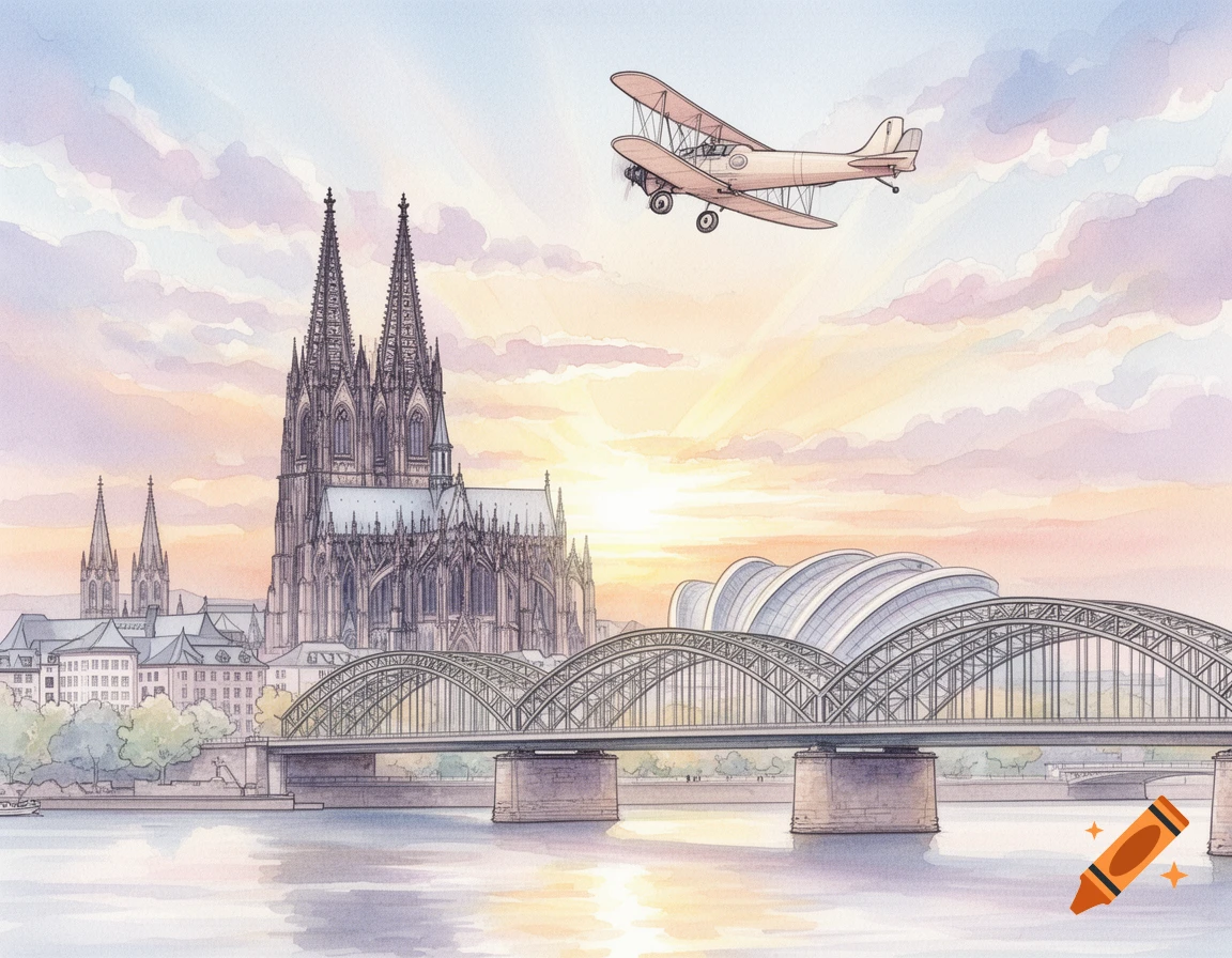 Soft watercolor illustration of Cologne skyline with cathedral, bridge, modern dome, and a biplane soaring over a river at sunset.