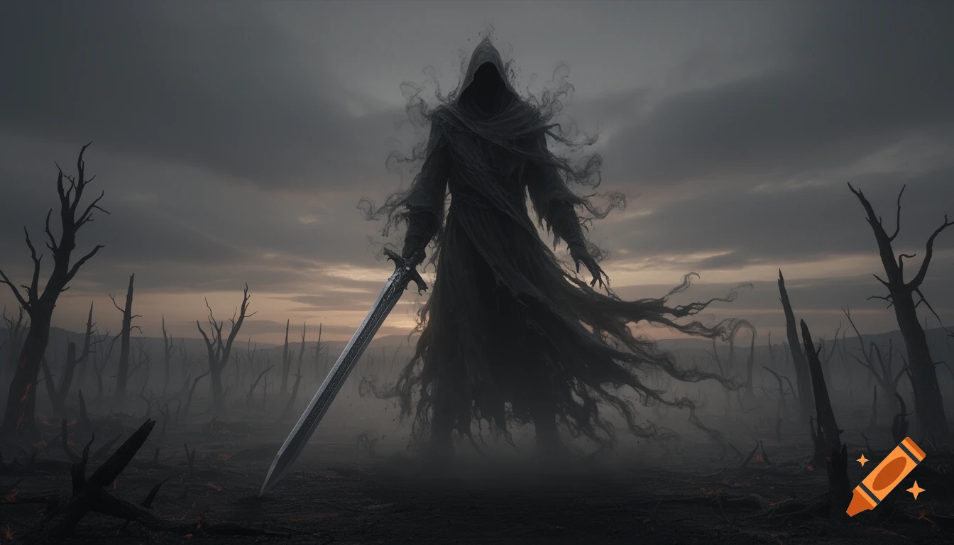 A shadowy, cloaked figure with a large sword stands in a burnt, barren landscape under a stormy sky.