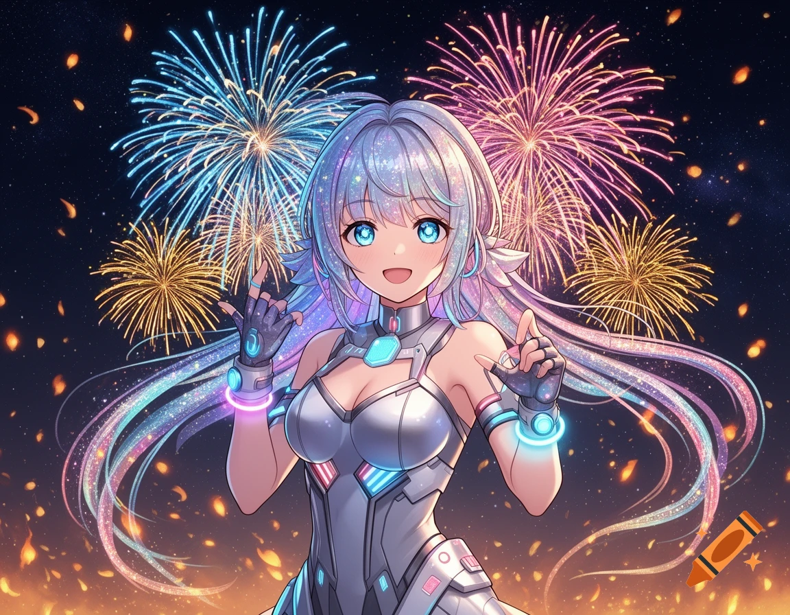 Anime girl with sparkling blue and pink hair, wearing a silver futuristic outfit, posing against a night sky filled with colorful fireworks.