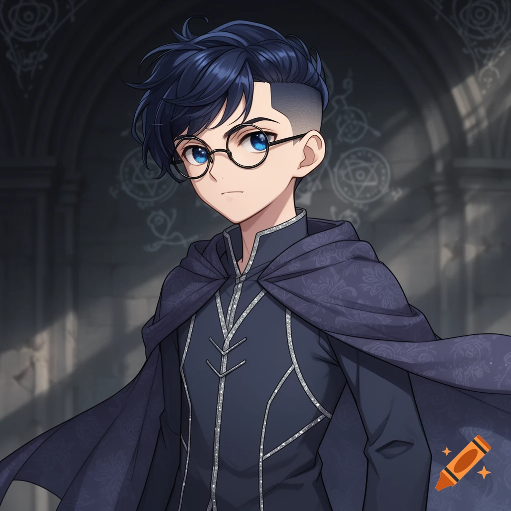 Anime boy with dark blue hair, an undercut, glasses, and a dark cloak, in a fantasy setting.