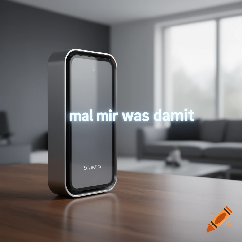 A sleek dark grey smart device displaying 'mal mir was damit' on its screen and 'Soylectics' at its base, on a wooden table in a modern living room.