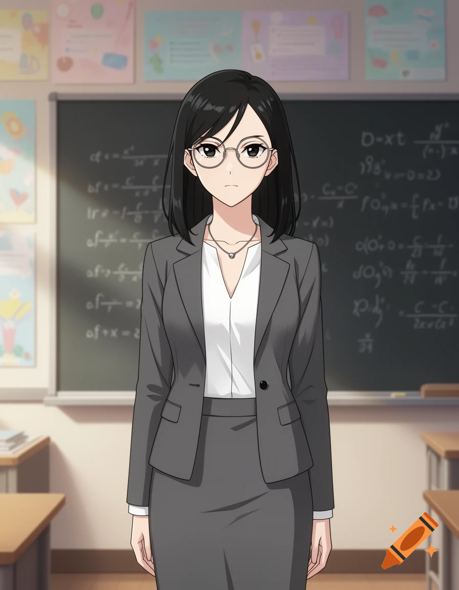 Anime teacher with black hair and glasses wearing a gray suit in a classroom with a blackboard.