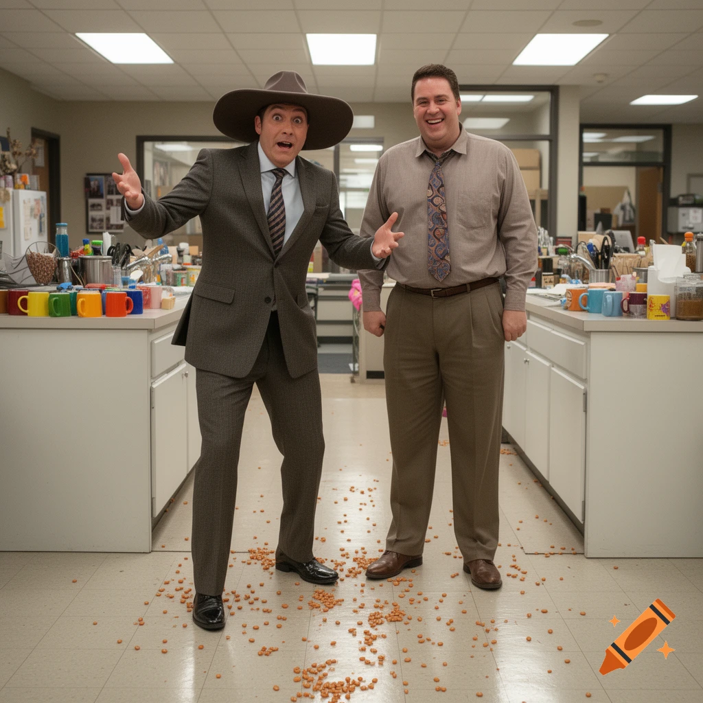 Two men, one in a wide-brimmed hat, stand comically in an office kitchen with beans spilled on the floor.