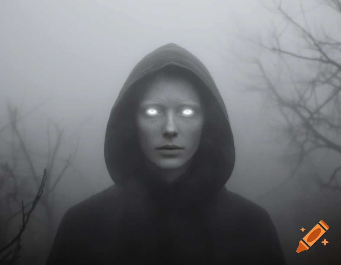 A hooded figure with bright glowing eyes stares forward in a dense, misty forest with bare tree branches, creating an eerie atmosphere.
