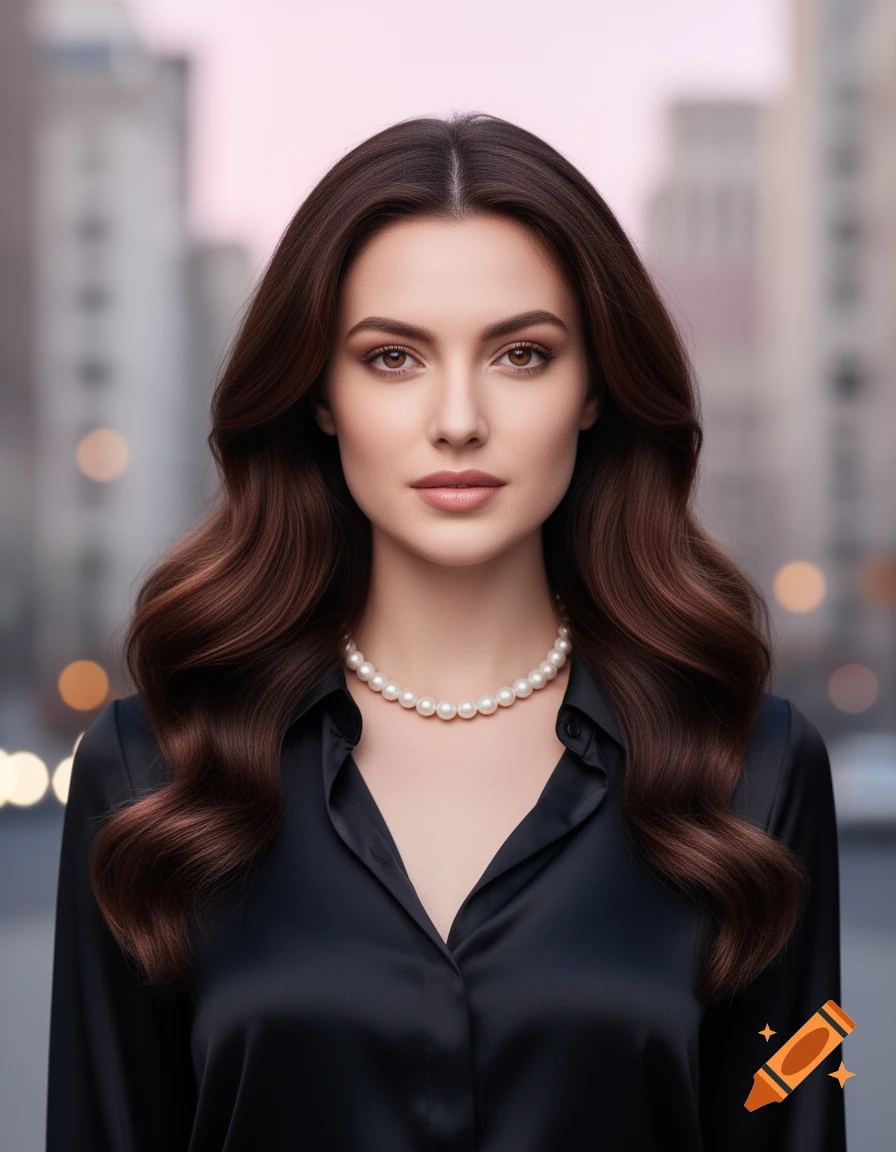 Photorealistic portrait of a woman with long wavy brown hair, black collared shirt, and pearl necklace against a blurred city background.