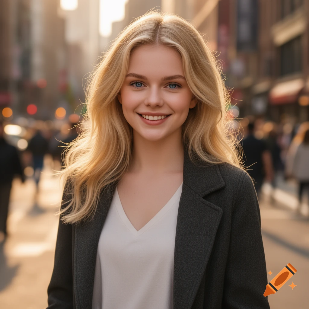 A photorealistic portrait of a young blonde woman smiling in a bustling city street.