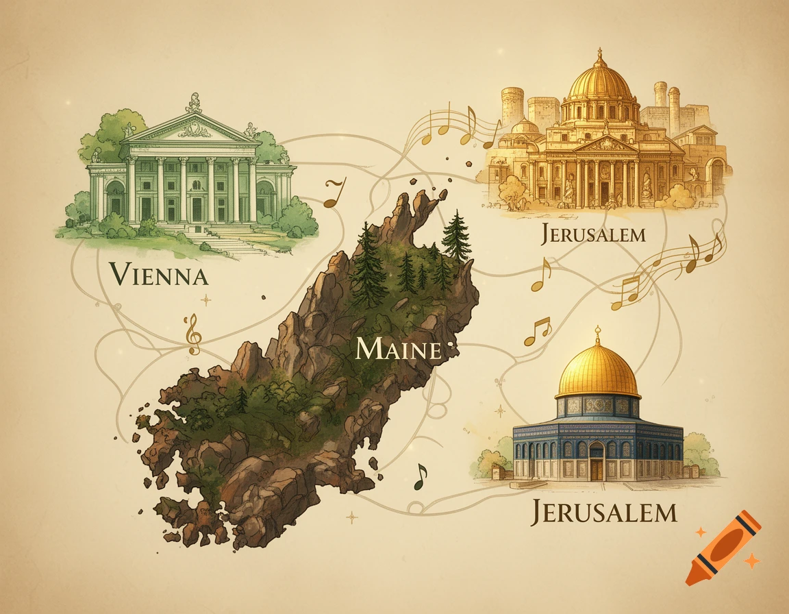 Stylized map illustrating Vienna (classical building), Maine (rocky landmass), and two Jerusalem landmarks (Dome of the Rock and a golden-domed building) connected by musical notes.