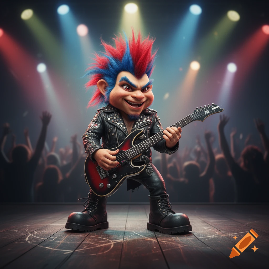 A cartoon heavy metal troll with a blue and red mohawk plays an electric guitar on a stage under colorful lights.