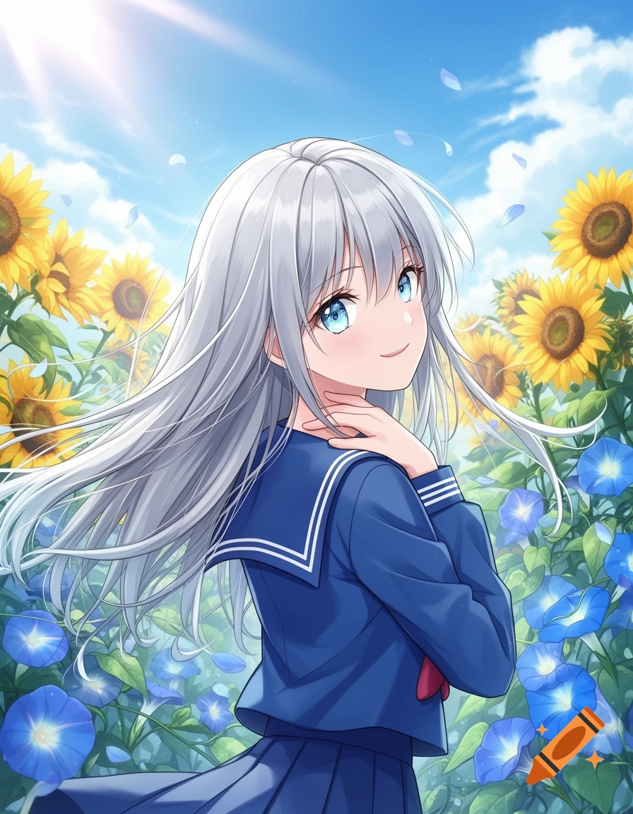 Anime girl with silver hair and blue eyes in a school uniform smiles in a sunny field of sunflowers and blue morning glories.