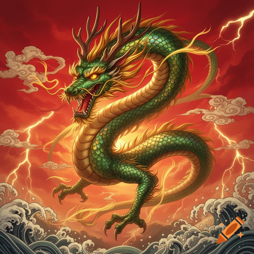 A vibrant green and gold Chinese dragon with horns and claws soars in a dramatic red sky with lightning over crashing waves.