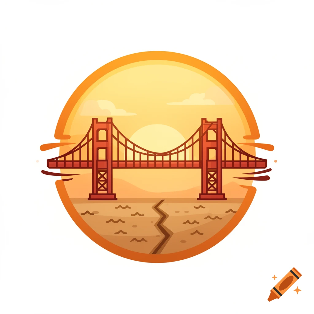 A cartoon emoji of the Golden Gate Bridge against a sunset, with a crack in the ground below.