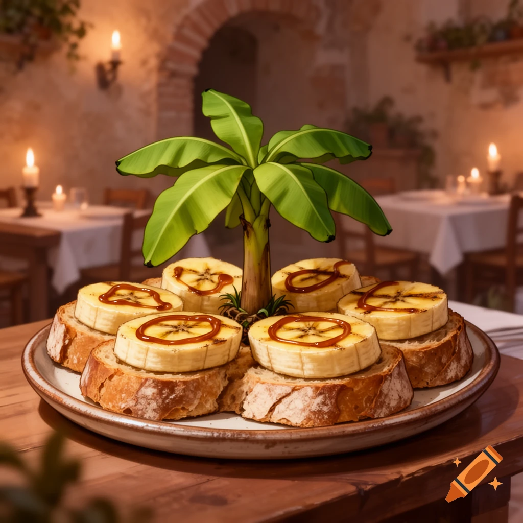 A creative dish featuring grilled banana slices on toasted bread with sauce, encircling a miniature banana tree, on a table in a restaurant.