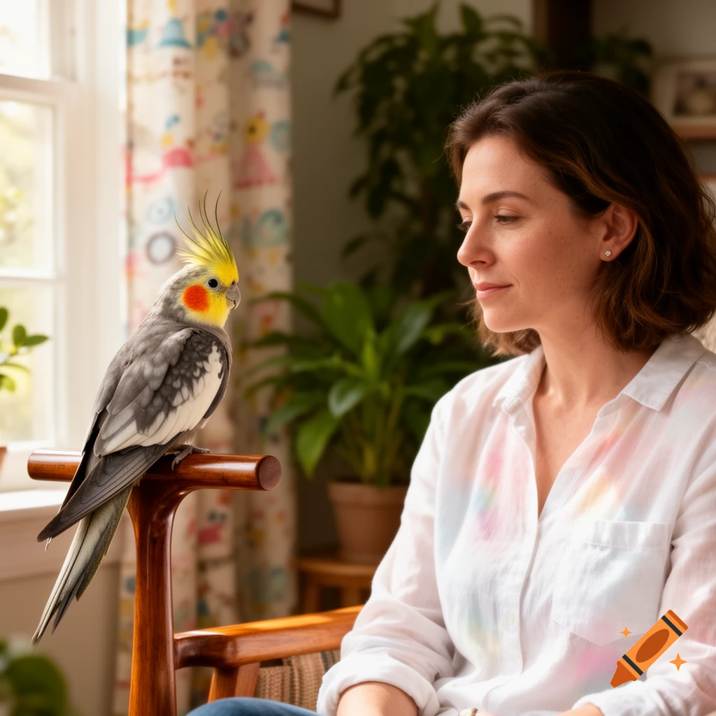 A woman sits next to a cockatiel perched on a wooden chair, looking at it inside a sunlit room.