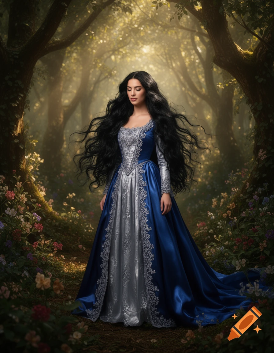 A princess with long black hair in a blue and silver gown stands in an enchanted forest filled with light and flowers.