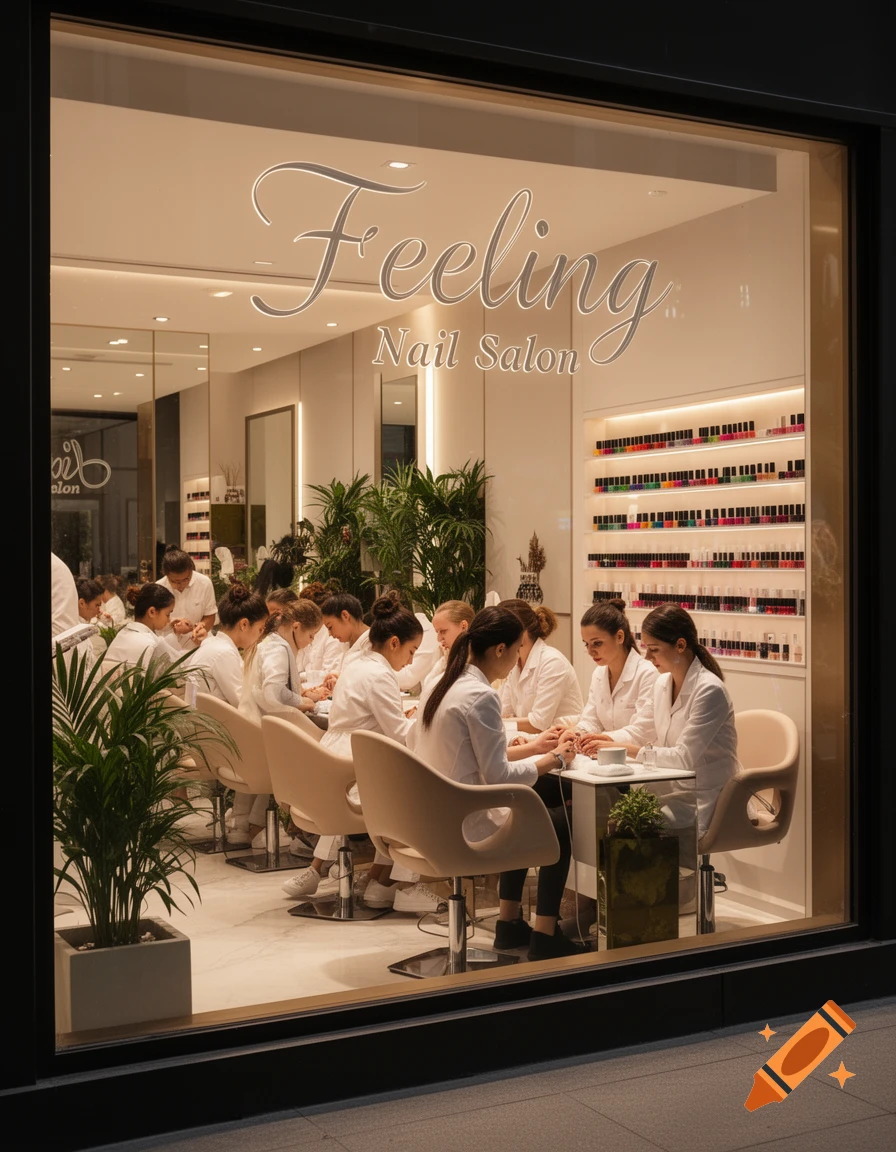 A busy, modern nail salon seen through a large window, with 'Feeling Nail Salon' text. Women are seated getting manicures.