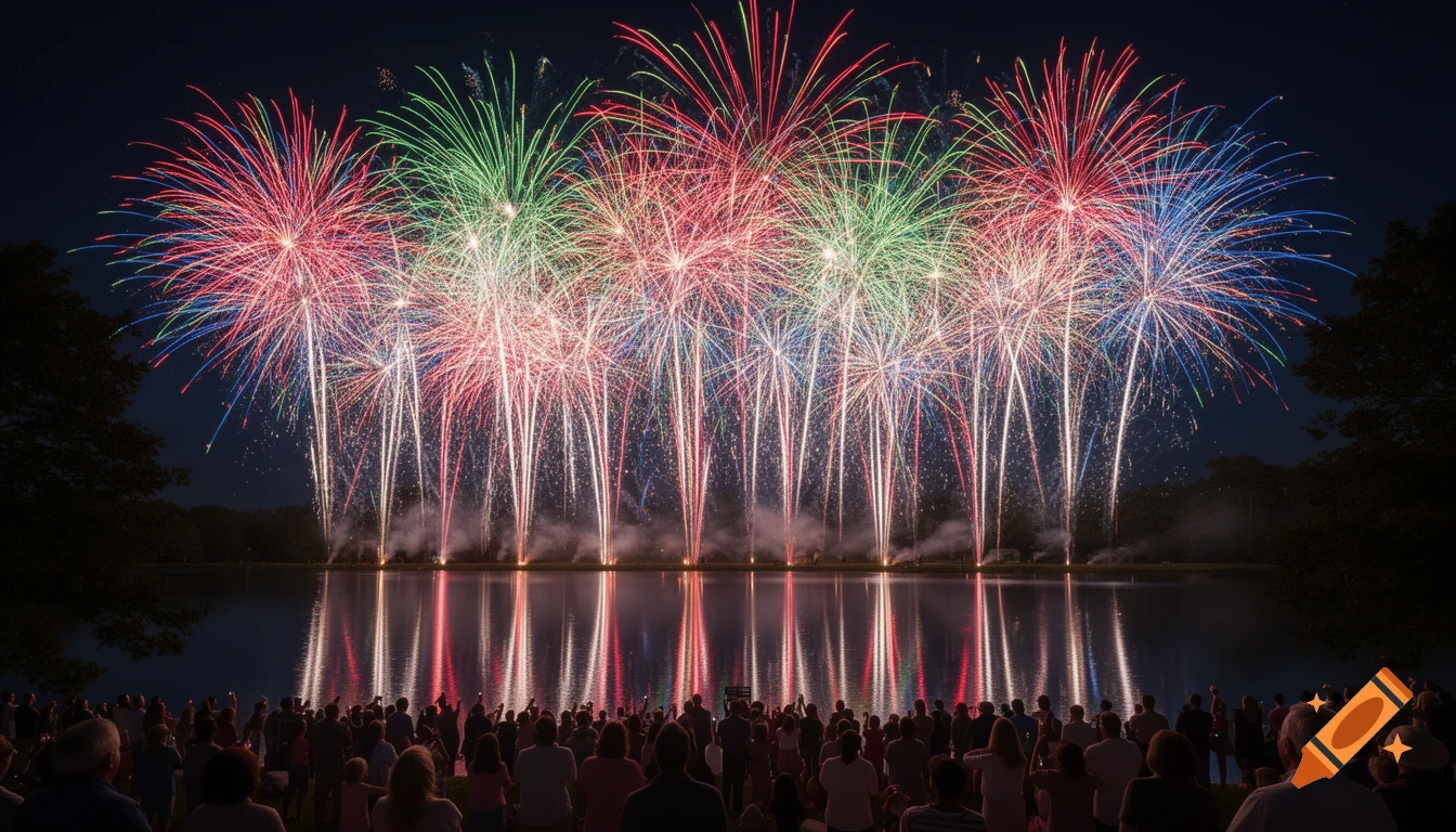 A large crowd watches a vibrant fireworks display over a lake at night, with the explosions reflected in the water.