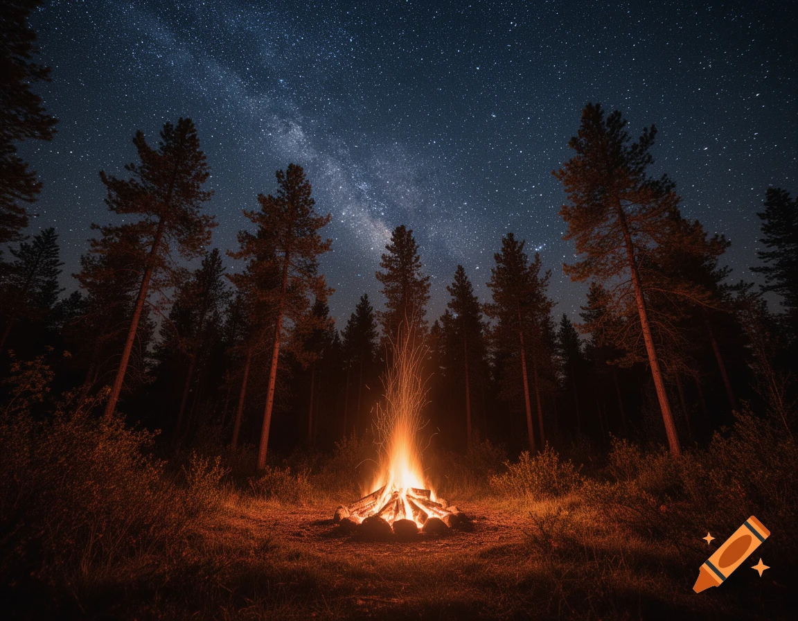 A campfire glowing brightly in a dark forest under a clear night sky with countless stars and the Milky Way visible.