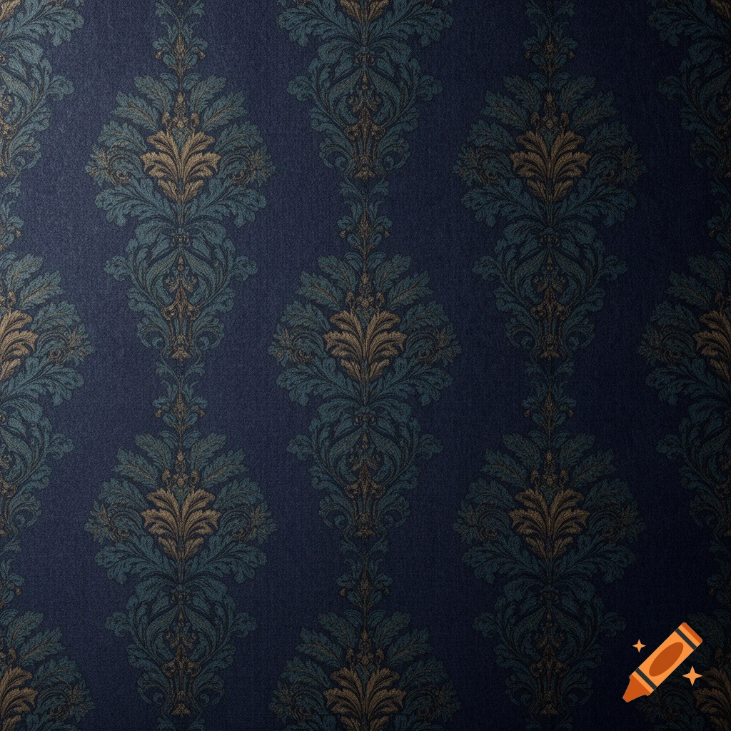 Dark blue damask wallpaper featuring repeating ornate foliage patterns in teal and brass.