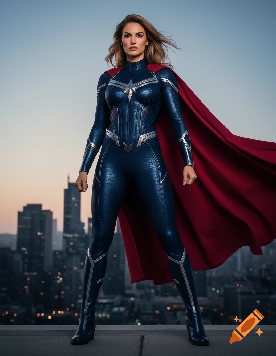 A strong woman in a blue and silver superhero suit with a red cape stands on a rooftop overlooking a city skyline.
