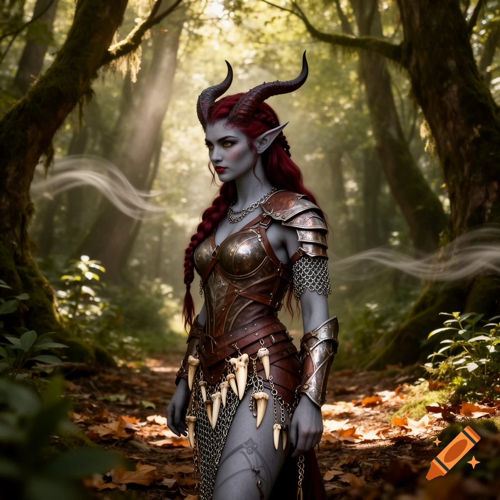 A grey-skinned elven tiefling with braided red hair and horns, in leather and chain armor with bone adornments, stands in a sunlit forest.