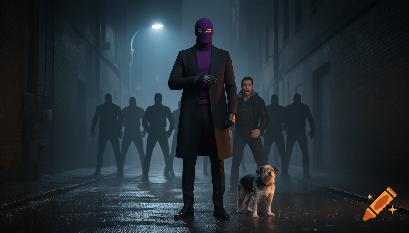 A masked anti-hero, frightened civilian, and dog stand in a dark, wet city alley, facing shadowy aggressors.