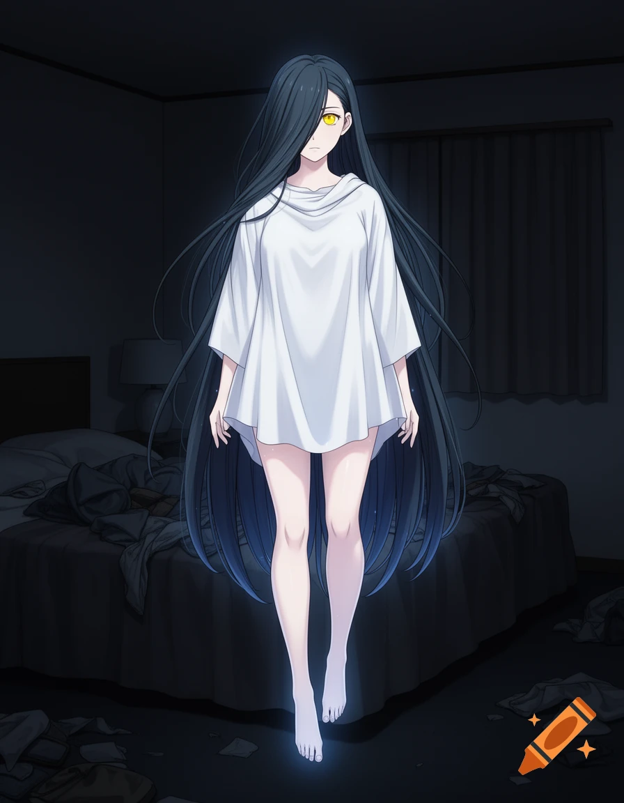 Anime ghost woman with long black hair, yellow eyes, and a white tunic floats barefoot in a dark, messy bedroom.