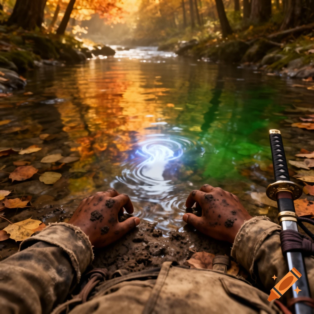 First-person view of muddy hands and a katana hilt at the edge of a stream in an autumn forest, with a glowing blue light in the water.