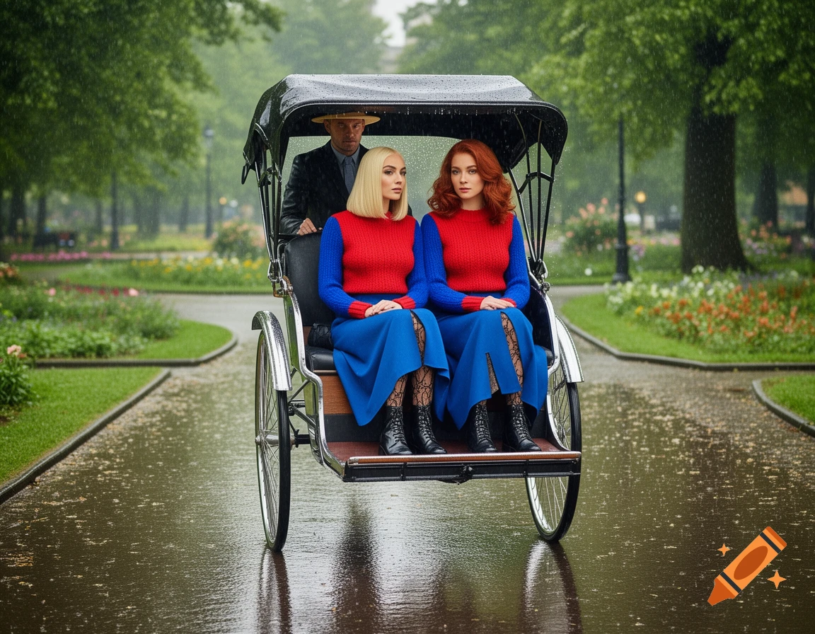 Two women in red and blue sweaters and long skirts ride in a covered rickshaw driven by a man in a rainy park. Photorealistic.