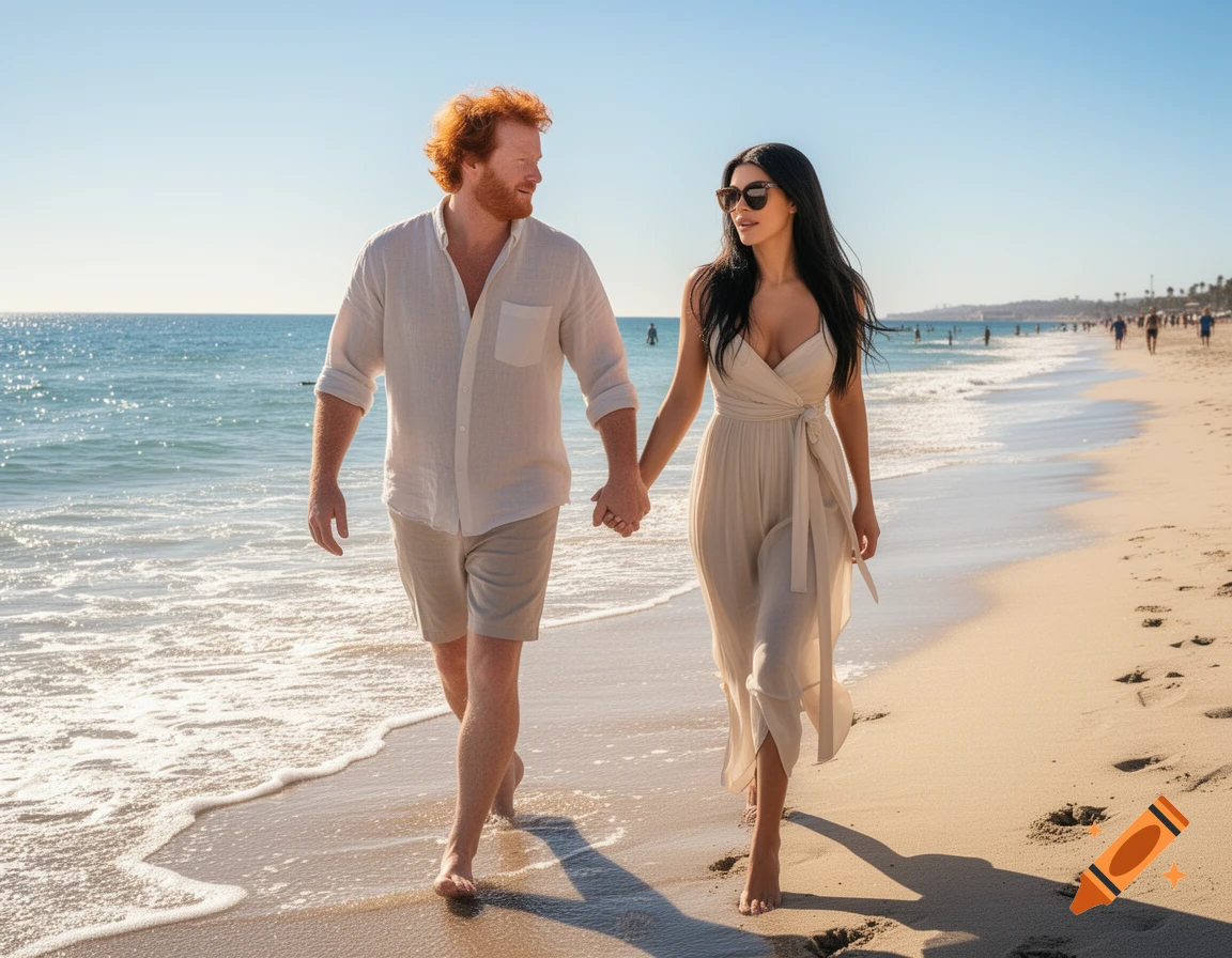 A man with red hair and a woman with dark hair walk barefoot on a sandy beach, holding hands, with the ocean in the background under a clear sky.