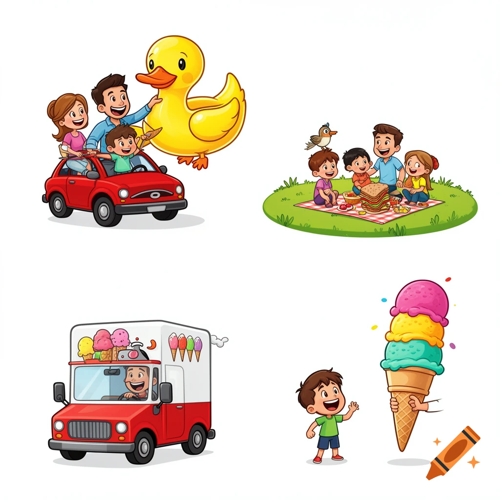 Bright vector cartoon illustrations of a family in a car with a duck, a family picnic, an ice cream truck, and a boy with a large ice cream cone.