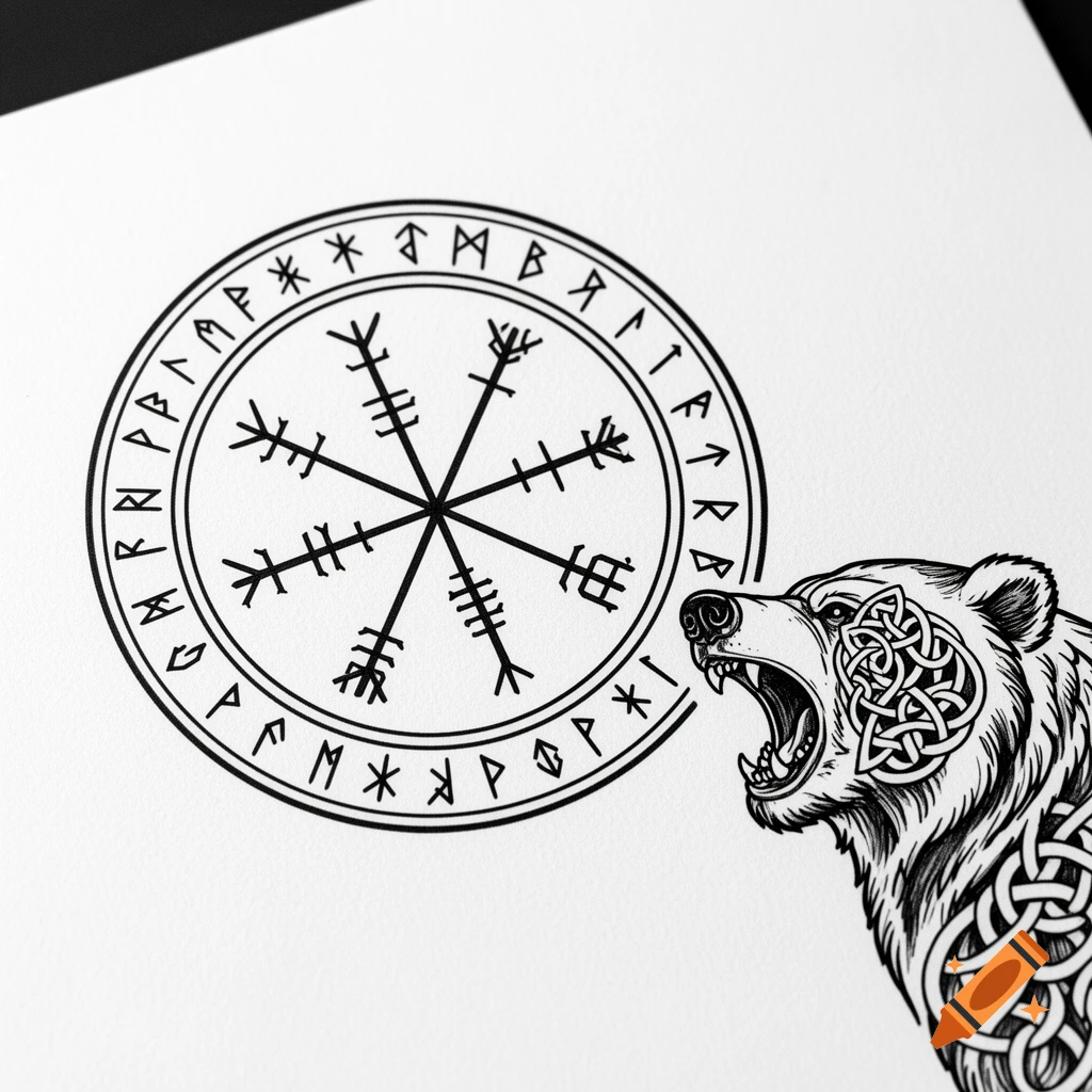 Black and white line art of a Vegvisir (Viking compass) surrounded by Elder Futhark runes, next to a roaring bear head with Celtic knotwork patterns.