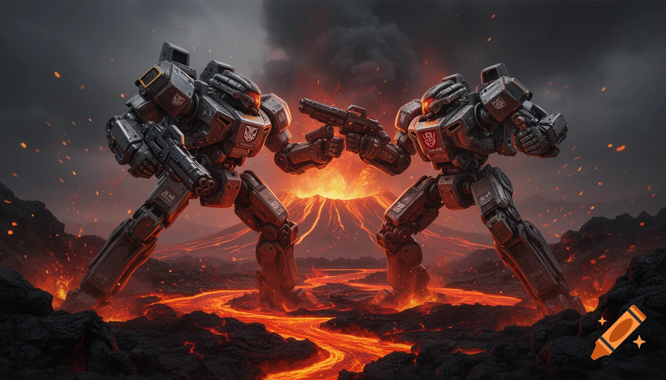 Two powerful battlemechs stand in a fiery volcanic landscape with lava flows and a smoking volcano under a dark sky.