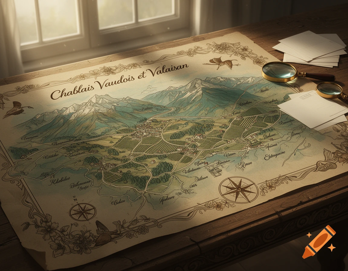 An old-style tourist map of Chablais Vaudois et Valaisan, showing mountains, valleys, vineyards, and villages, on a wooden table with magnifying glasses and paper.