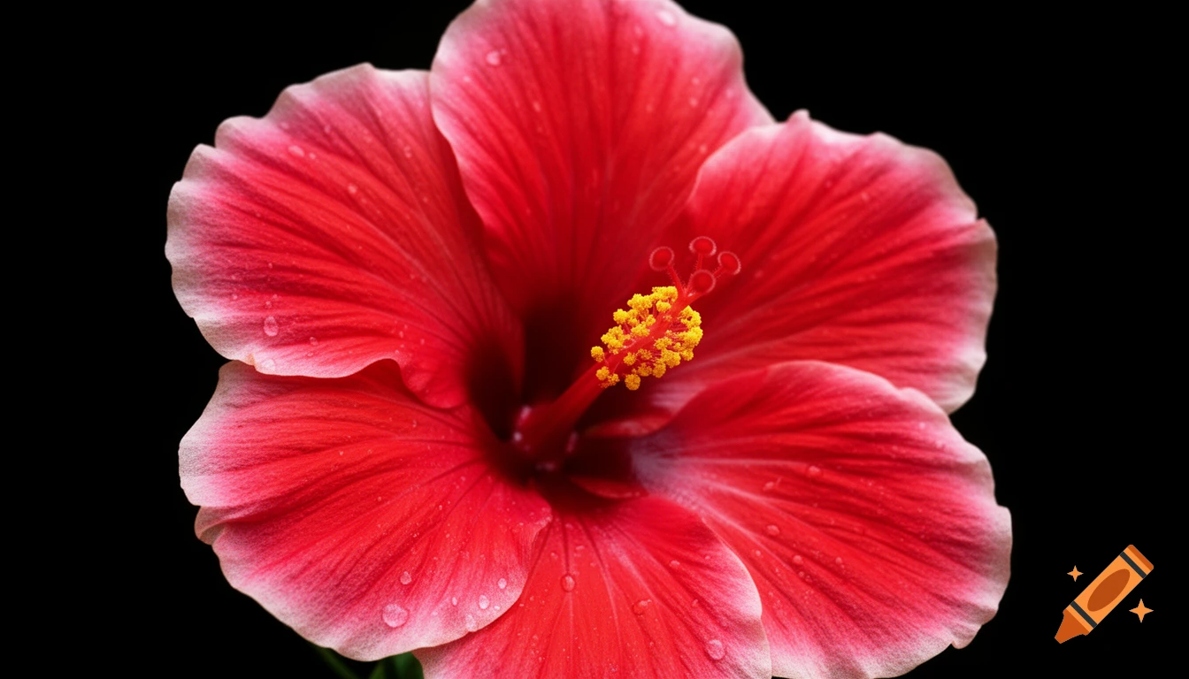 Close-up photorealistic shot of a vibrant red hibiscus flower with water droplets on a black background.