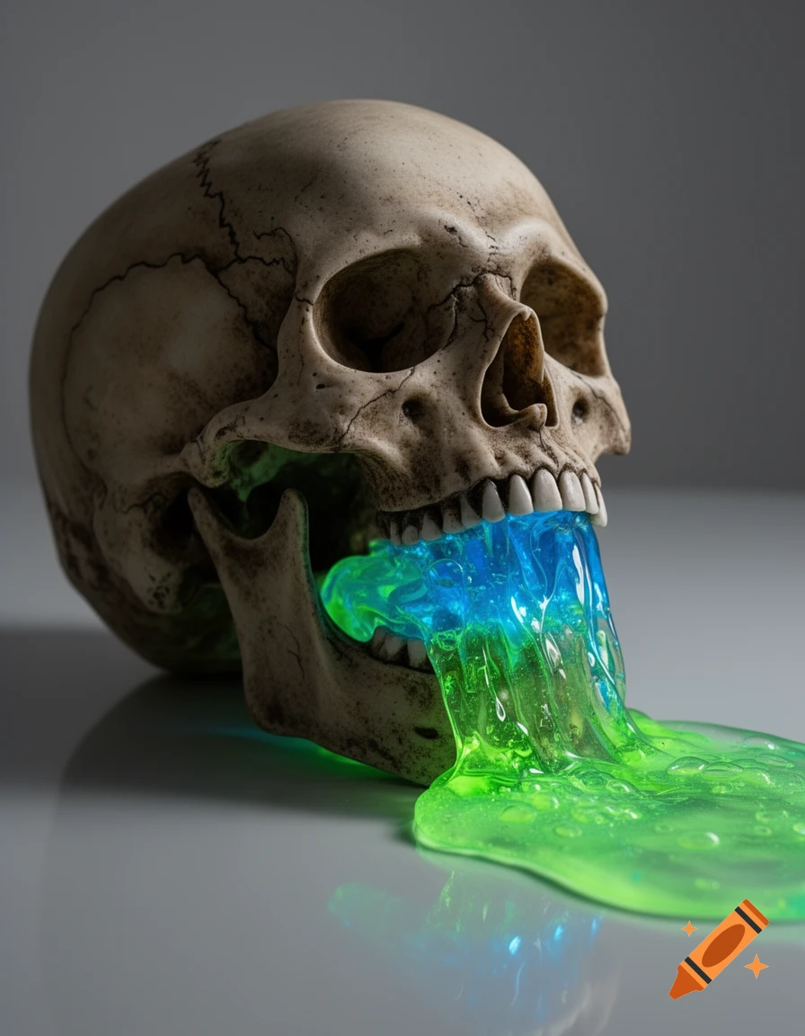 A photorealistic close-up of a human skull emitting glowing blue and green slime from its mouth onto a reflective surface.