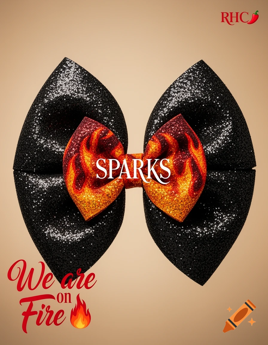 Black glitter bow with a flame-patterned center bow displaying 'SPARKS'. 'RHC🌶️' is top right, 'We are on Fire 🔥' bottom left.
