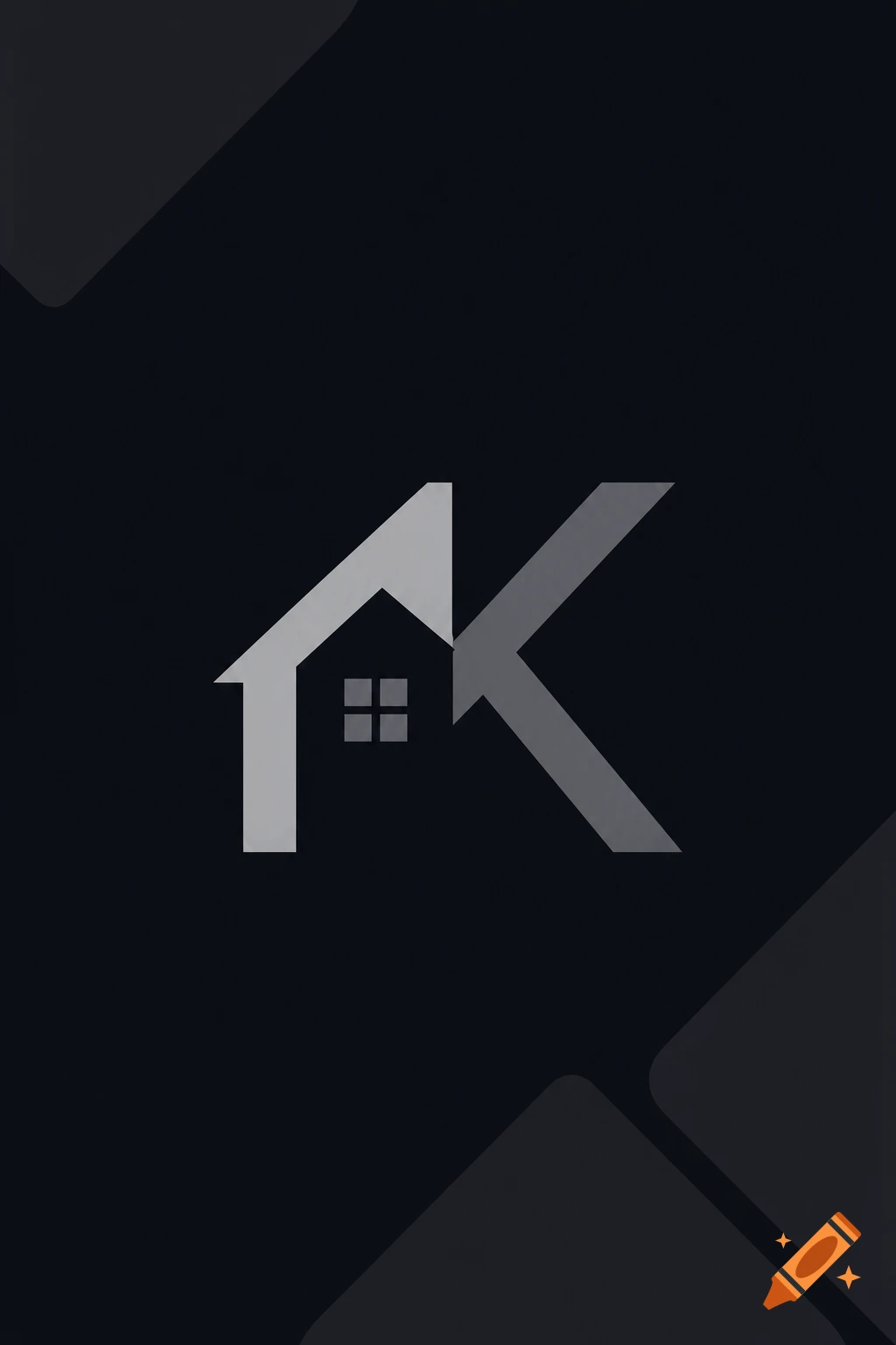 A minimalist logo on a dark background, depicting a light gray house icon merging into a darker gray letter K.