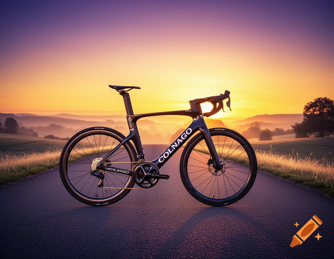 Photorealistic black Colnago road bike on a paved road at sunrise, with rolling hills and an orange-purple sky.