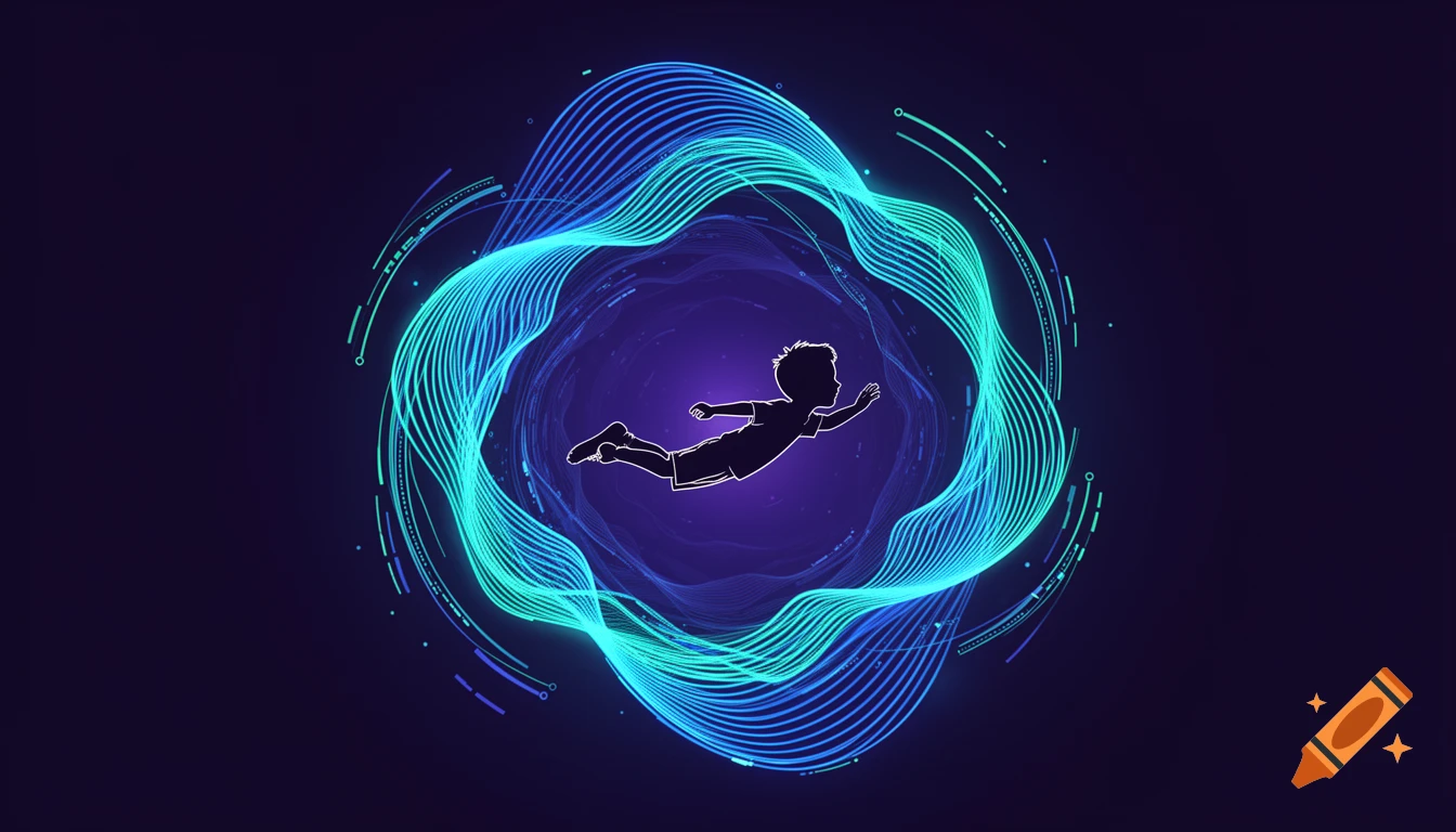 A stylized silhouette of a child floating horizontally in a deep indigo and dark purple vortex, surrounded by glowing neon blue and teal abstract energy ripples. Minimalist vector art.