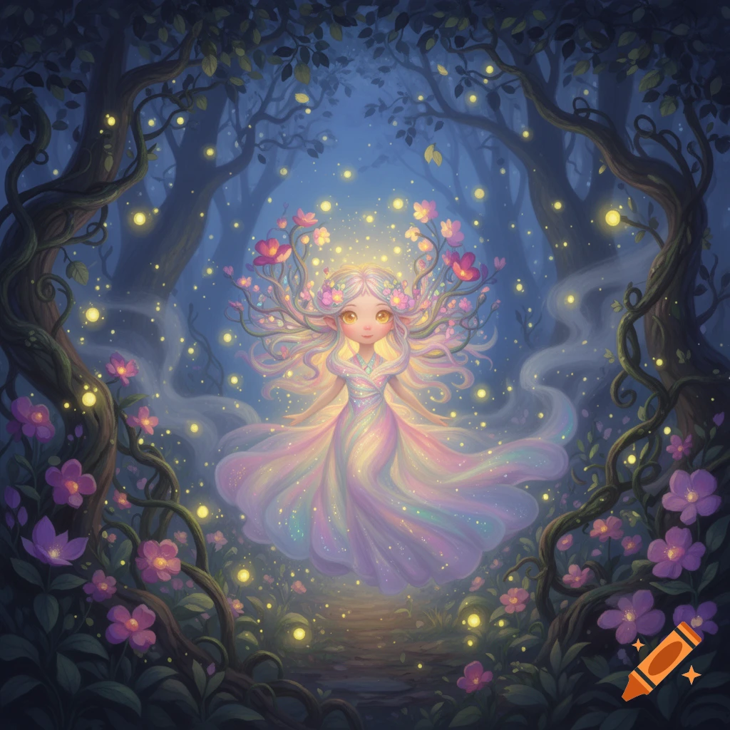A cute, glowing fairy-like creature with a flowing rainbow dress and flowers in her hair, floats in a magical forest filled with fireflies.