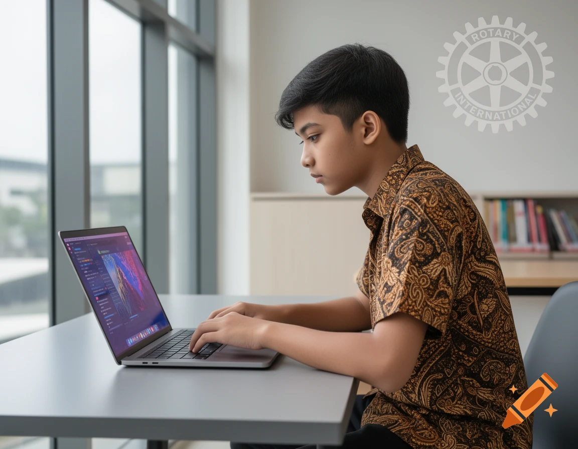 A young Malaysian student in a patterned shirt types on a laptop at a desk. A Rotary International logo is on the wall. Photorealistic.