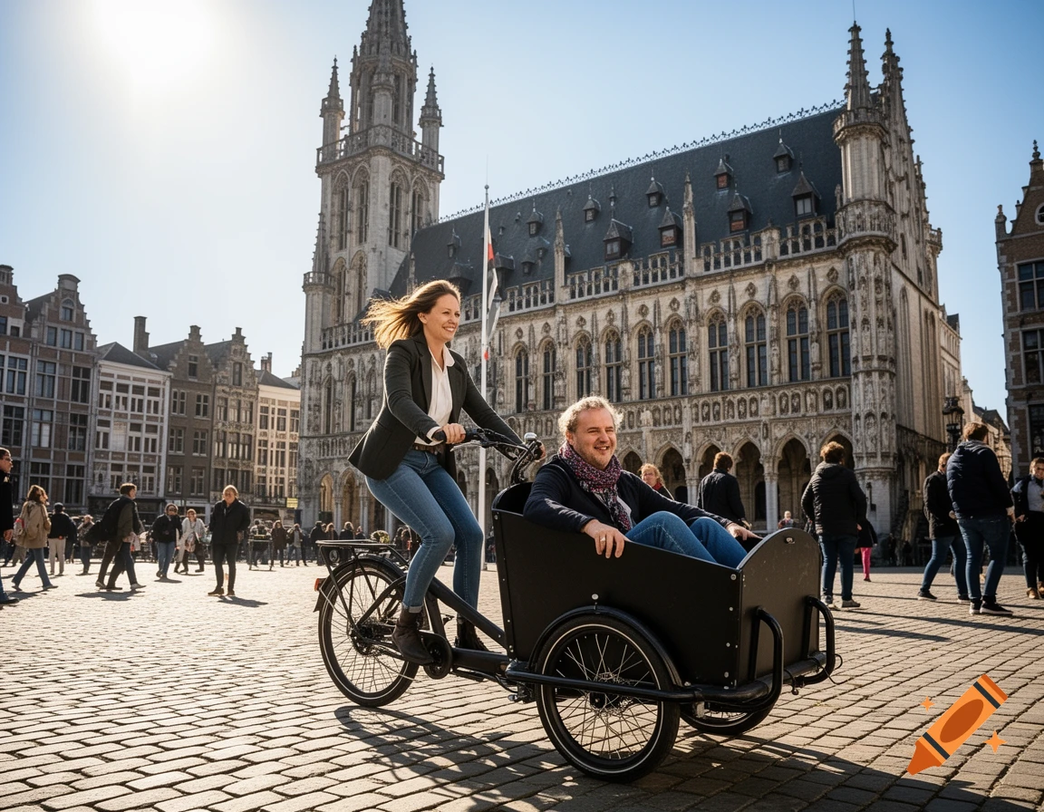 A woman rides a cargo bike with a man in the front cargo box through a bustling European city square with historical buildings.