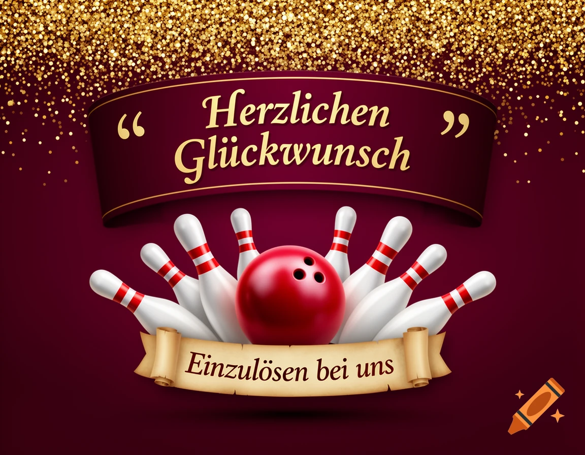 A bowling-themed greeting card with a red bowling ball and white pins, golden glitter, and German text "Herzlichen Glückwunsch" and "Einzulösen bei uns".