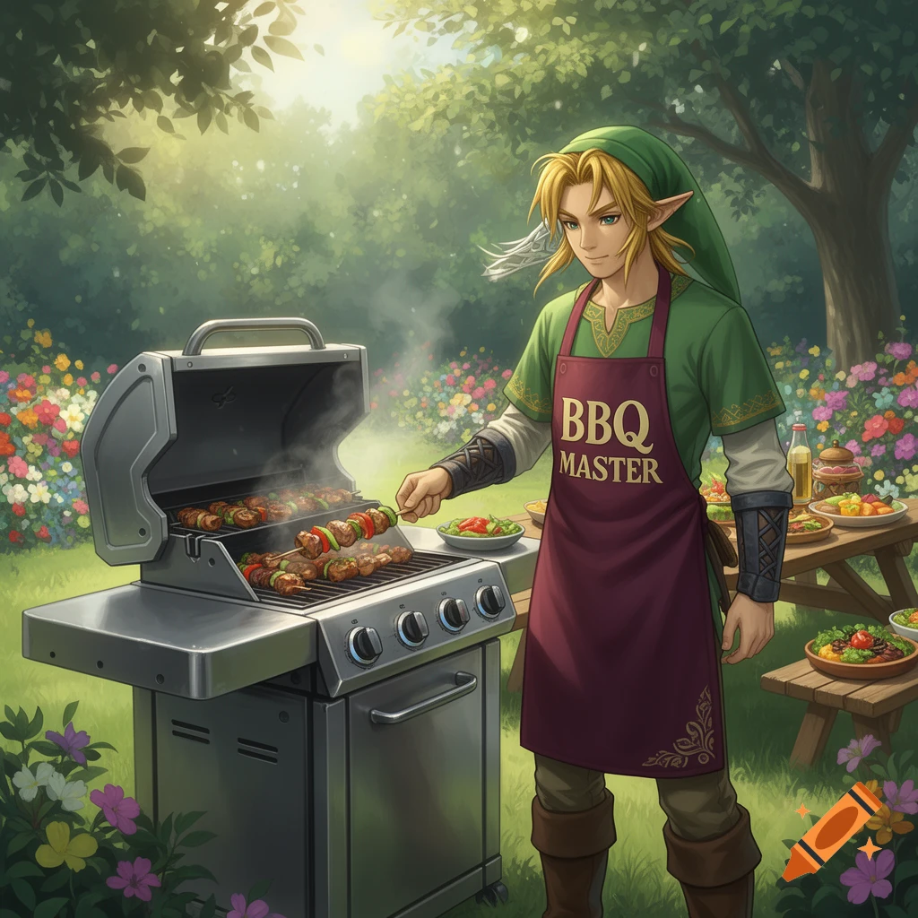 Anime-style Link from Zelda grilling kebabs with a 'BBQ MASTER' apron in a lush garden.